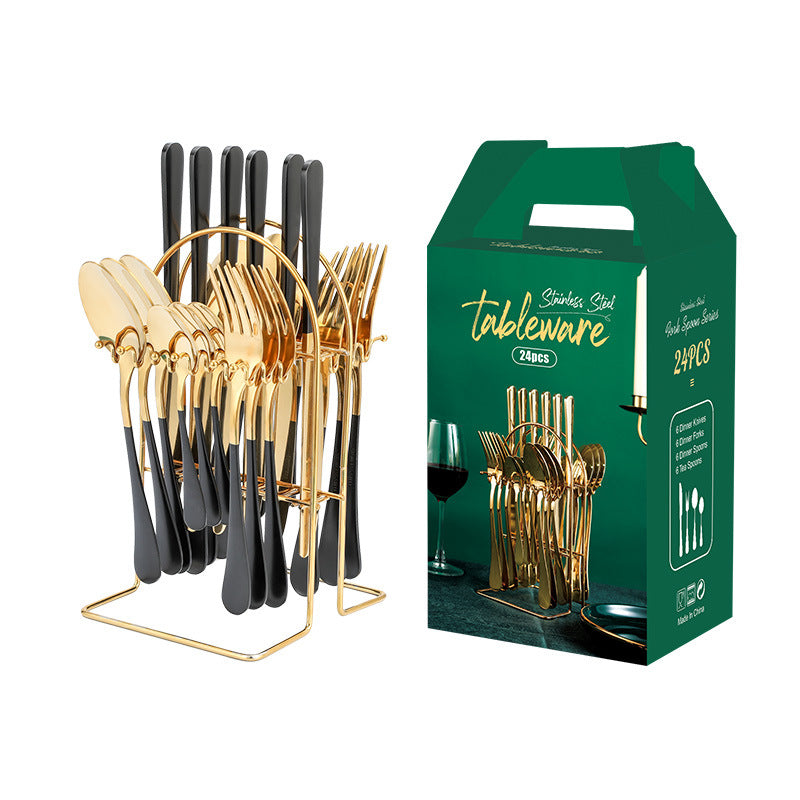 Stainless steel tableware 24 pieces set Western steak knife fork spoon restaurant hotel with storage rack gift box