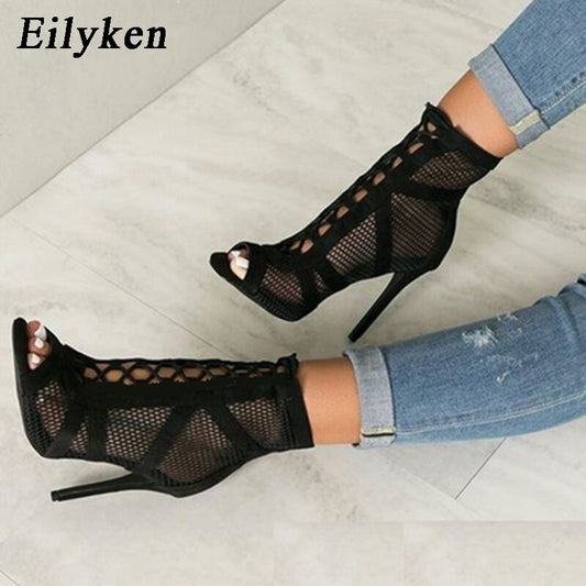 Fashion Black Net Fabric Cross-tied Sandals 2021 Summer Lace Up Peep Toe High Heels Ankle Strap Hollow Out Woman Shoes