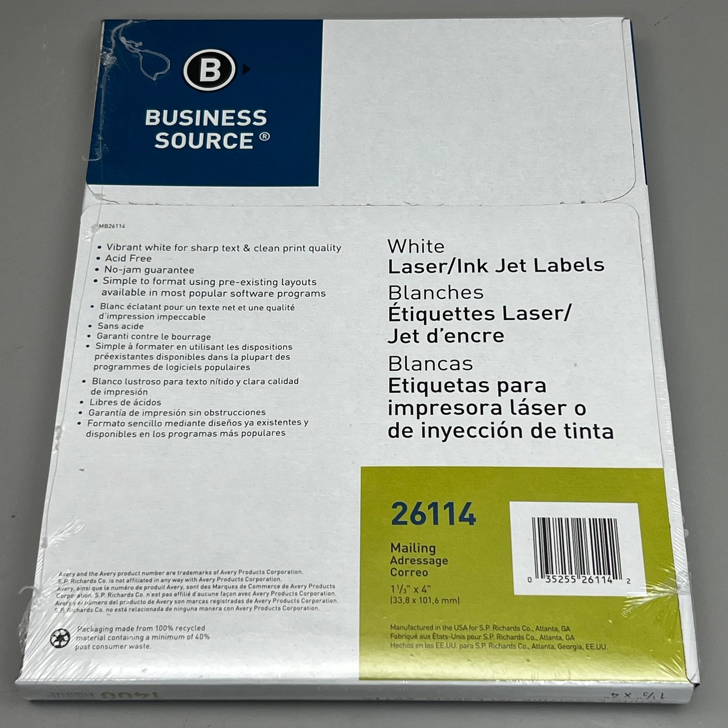 BUSINESS SOURCE (1400 Labels) Laser Ink Jet Mailing Labels 1-1/3"x 4 White 26114