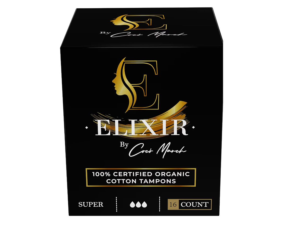 Product page for Elixir by Coco March organic cotton tampons on a smartphone screen with a shopping app interface.