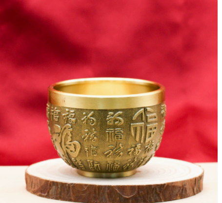 Copper Wine Cup Set - Large, Medium, Small - Pure Brass Antique Stemmed Cup for Offering, Feng Shui God of Wealth, Water Cup