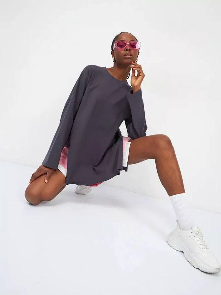 Style Long Sleeve T-Shirt Women's Pure Cotton Loose Fit Slit Knitted Top Wine Red