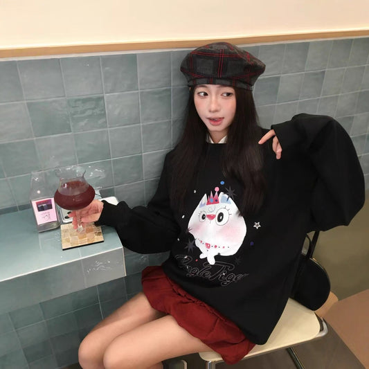 Casual Loose Hoodie with Hello Kitty Print for Women