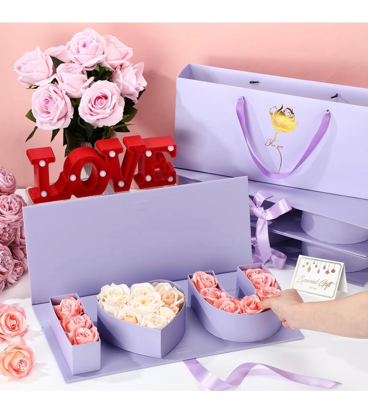 "I Love You" Box Cardboard 3 Fillable Flower Box 3 Gift Bags 3 Greeting Cards Raffia Paper Shreds for DIY Valentine's Day Wedding Bridal Shower Birthday Chocolate Gifts Packaging