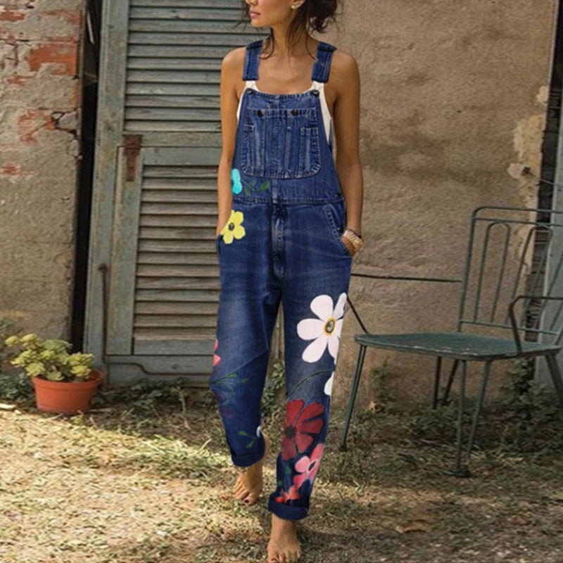 Printed jeans with non elastic straps and long pants straight tube