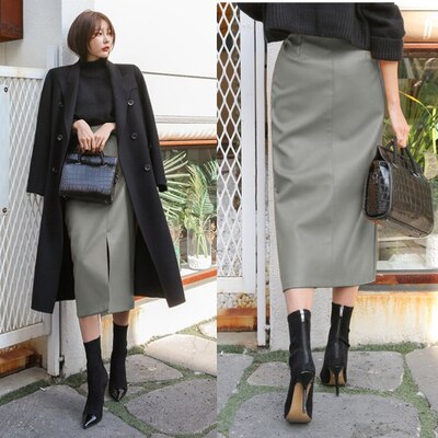 Fashionable Leather Skirt Khaki Blue Coffee Color Pu Medium Long High Waist Long Skirt