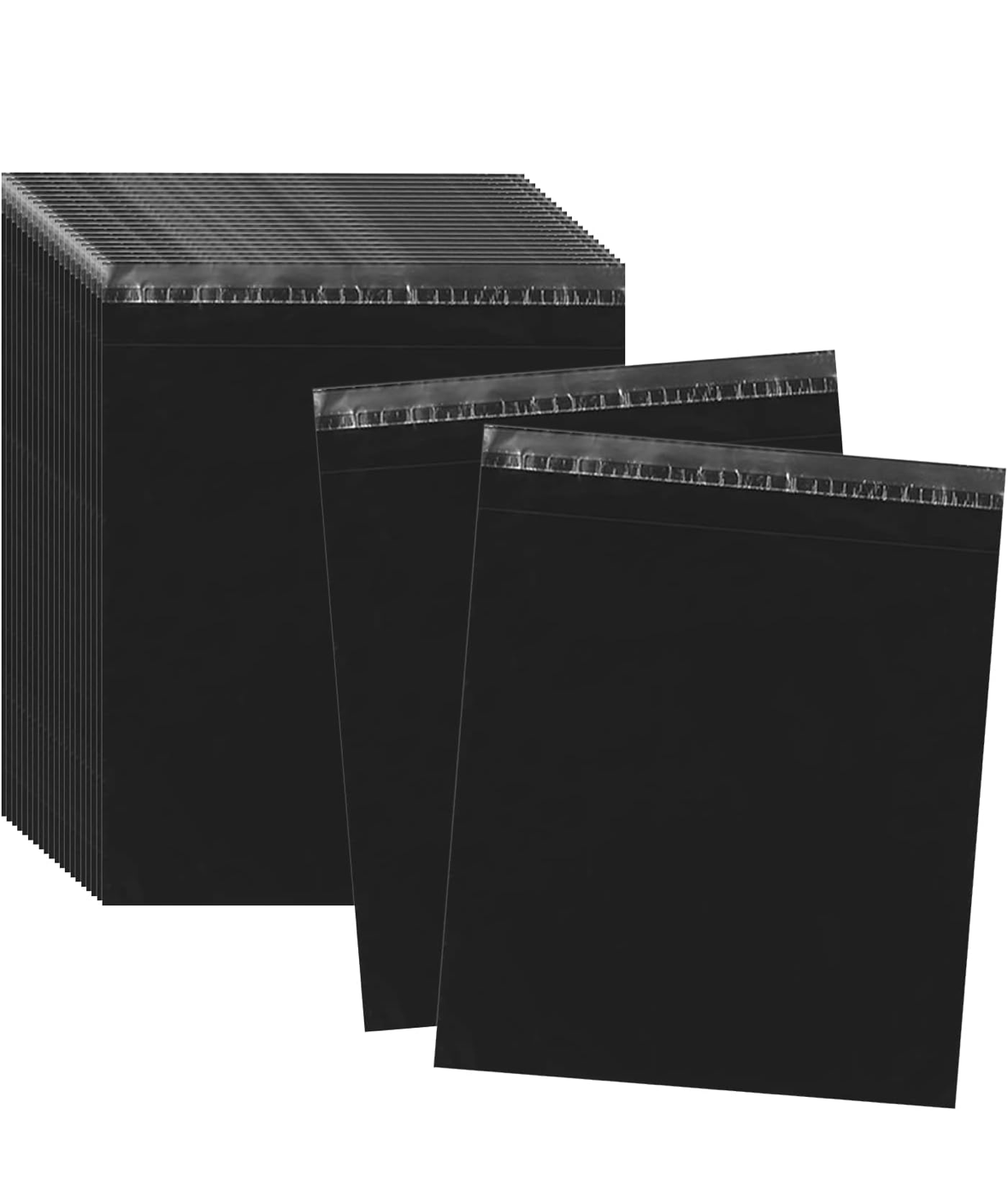 Three black rectangular products on a white background