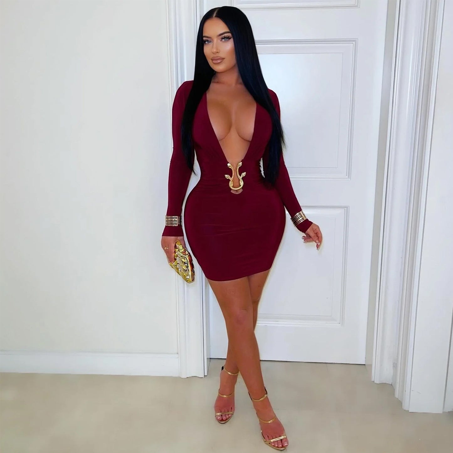 Fashionable Women's Sexy Deep V-Neck Bodycon Dress with Snake Pattern Accessories