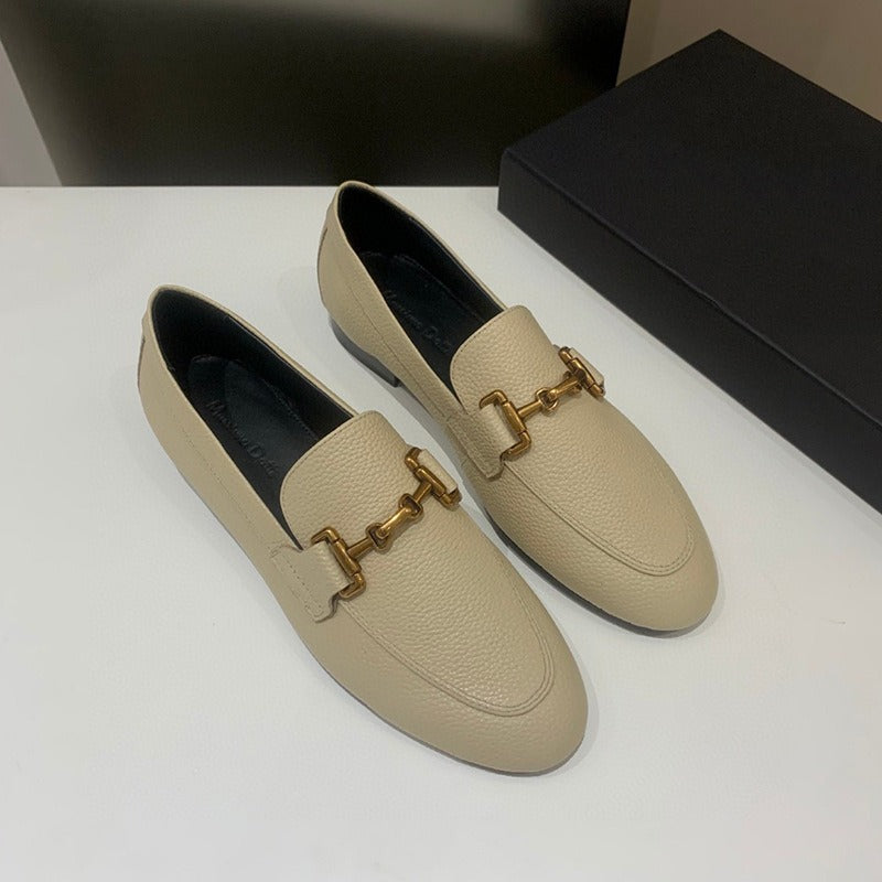 Women's shoes round toe sheepskin flat bottomed metal buckle leather loafers