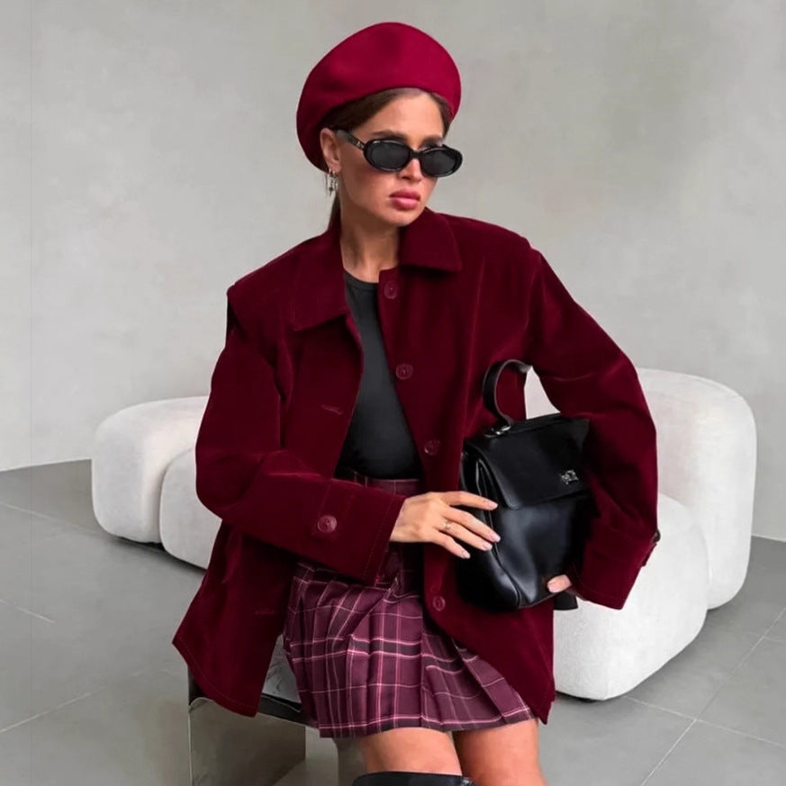 Velvet Jacket Women's  Retro Wine Red Coat High-end Women's Clothing