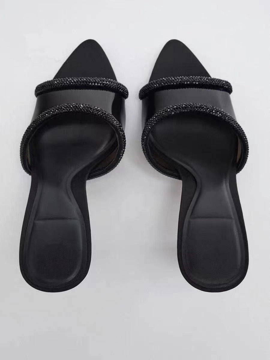 Women's Mules Sandals Rhinestone Black Slingback Heel Sandals Ladies Heeled Sandals