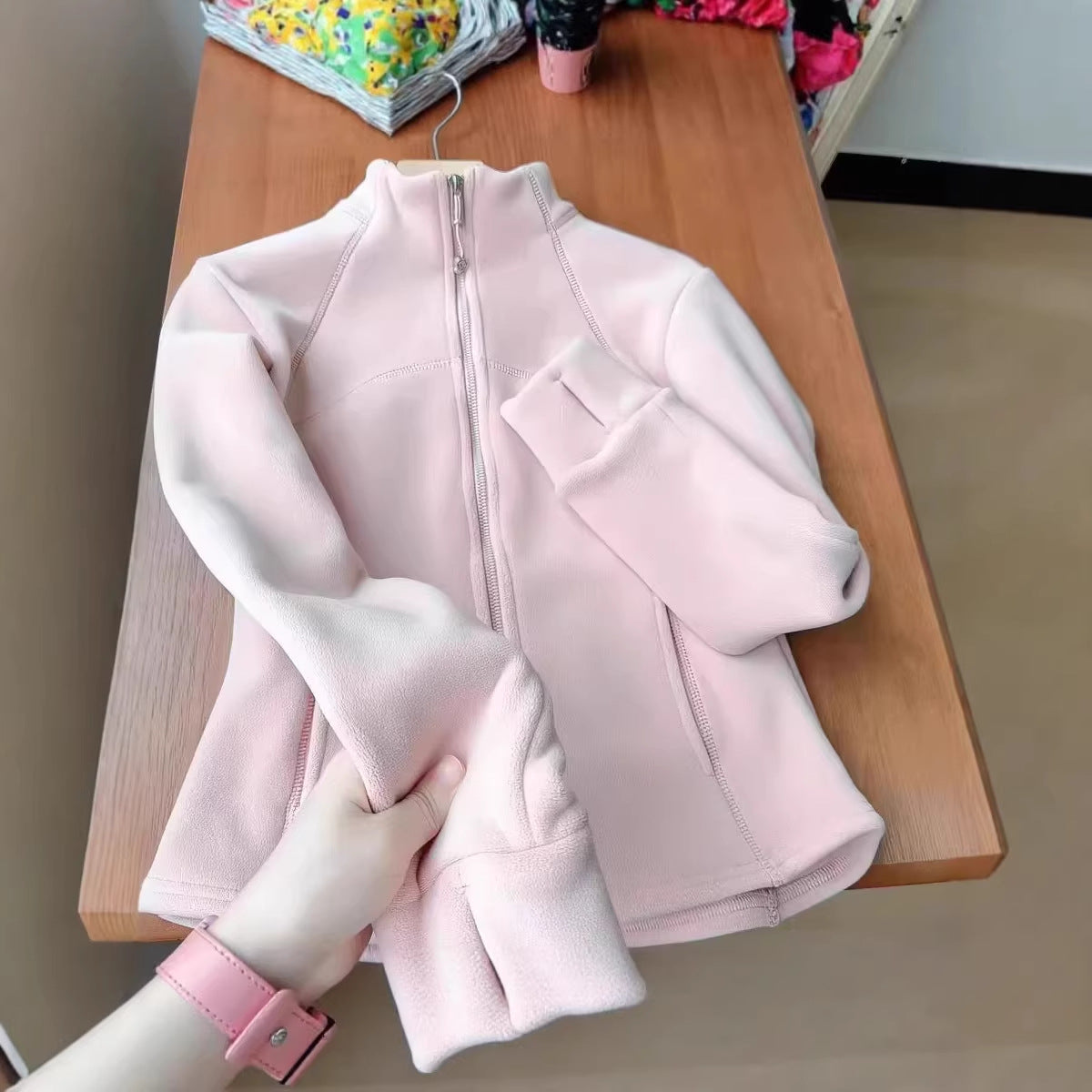 Pink Stand Collar Fleece Hoodie Jacket Down Inner Lining Warm Top, Tactical Jacket Inner Layer Base Layer