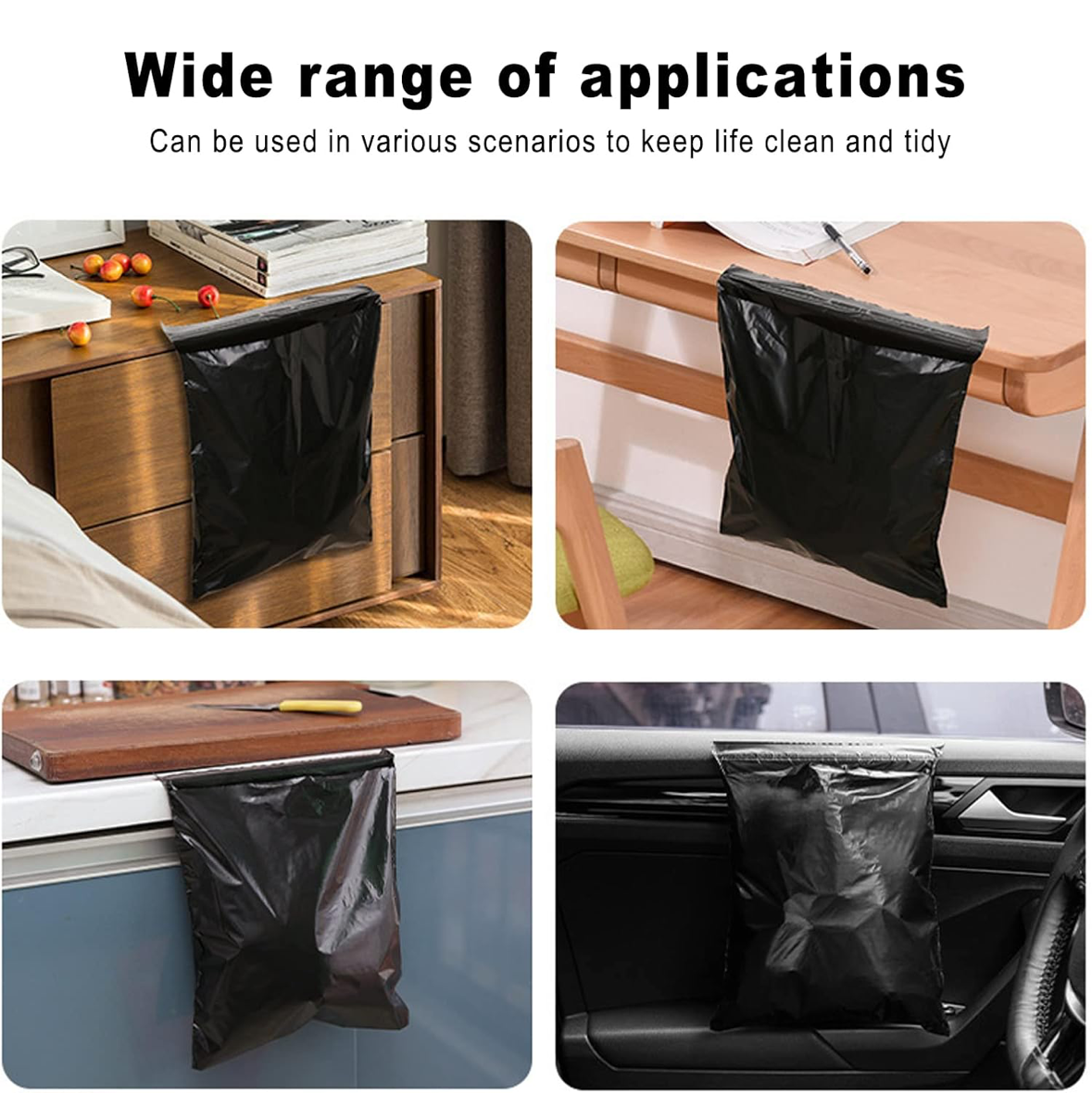 Product images showing black bags used in various scenarios on a smartphone screen.