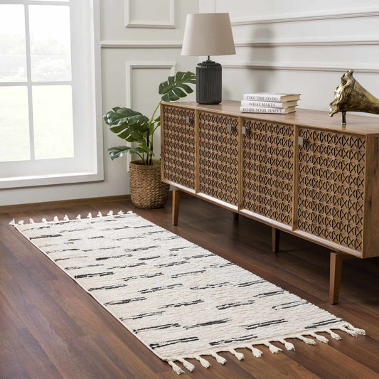 Riad Black Striped White Rug with Tassels-0