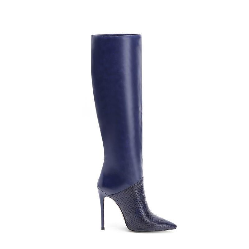 Fall Fashion Women Party Shoes Royal Blue Sexy Stone Pattern Stiletto Heel Boots Big Size 45 Pointy Toe Knee High Long Boots