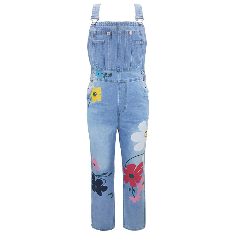 Printed jeans with non elastic straps and long pants straight tube