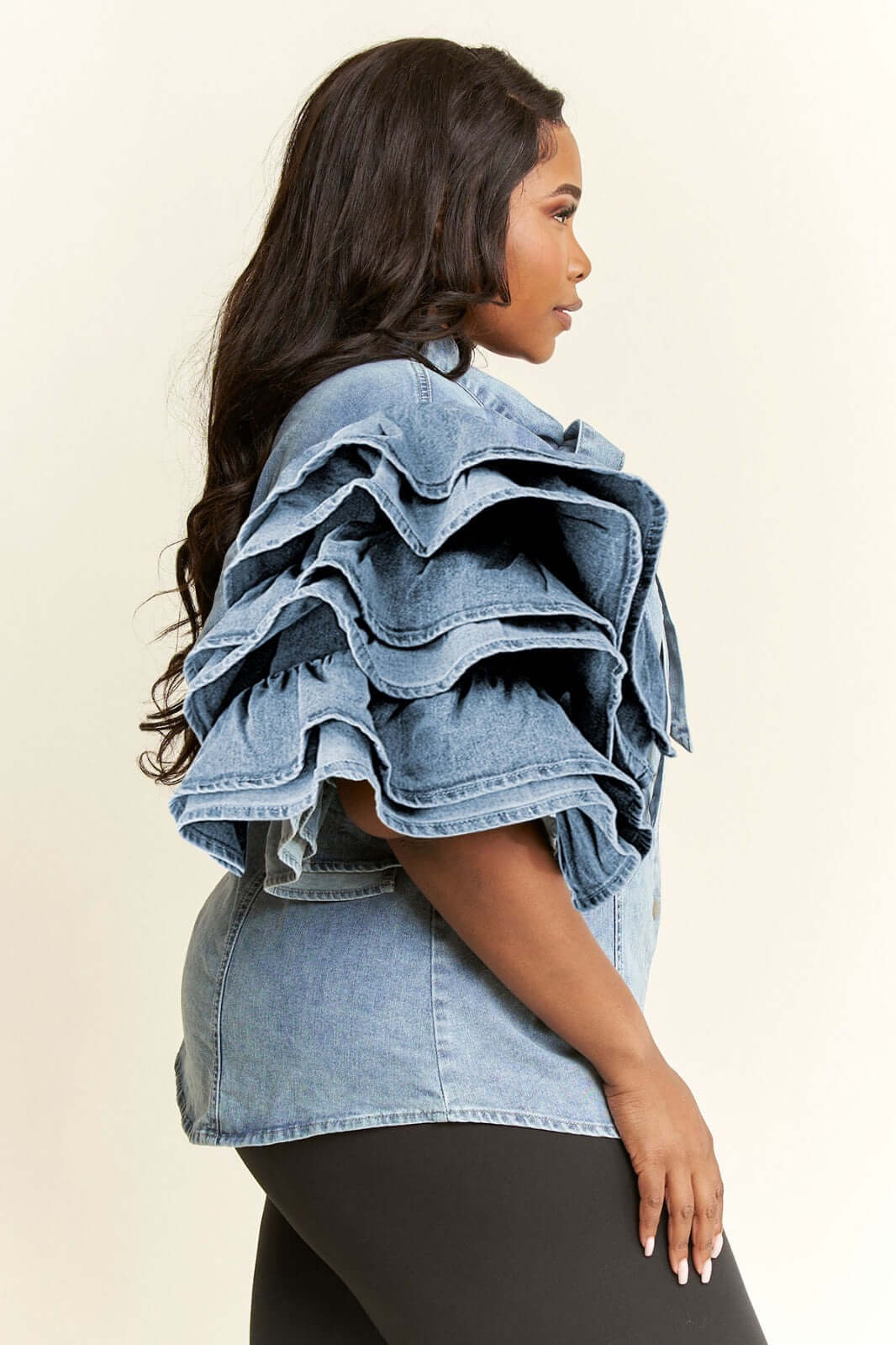 Denim Bow Blouse with Ruffle Sleeves {GREAT STRETCH}