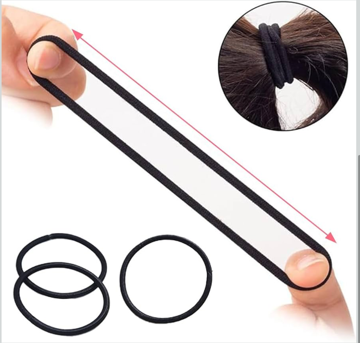 Product gallery showing black hair ties and a person with tied hair, with text indicating 'Secured'.