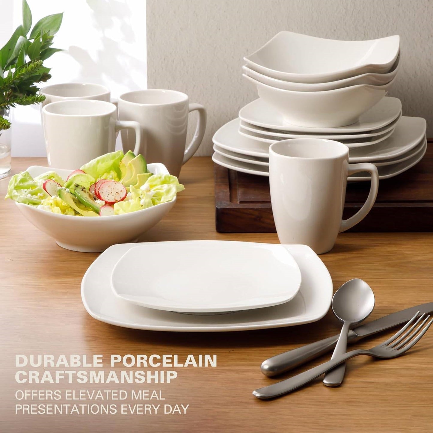 16 Pieces - White Square Porcelain Dinnerware Set - Service for 4-3