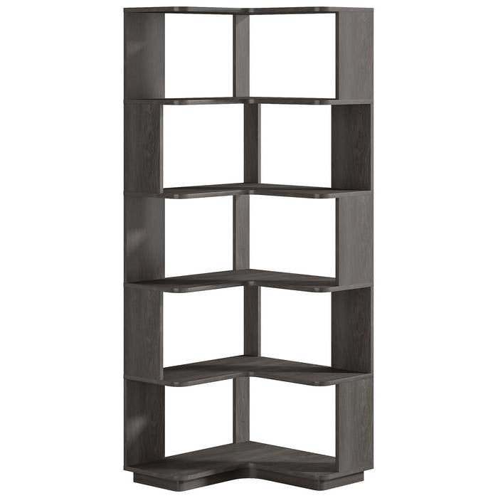 Multifunctional 6 Shelf Corner L-Shaped Bookcase in Dark Grey Wood Finish-2