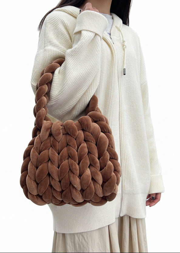 Soft Handmade Chunky Yarn Crochet Bag - Hand Woven brown bag chunky thick yarn bag