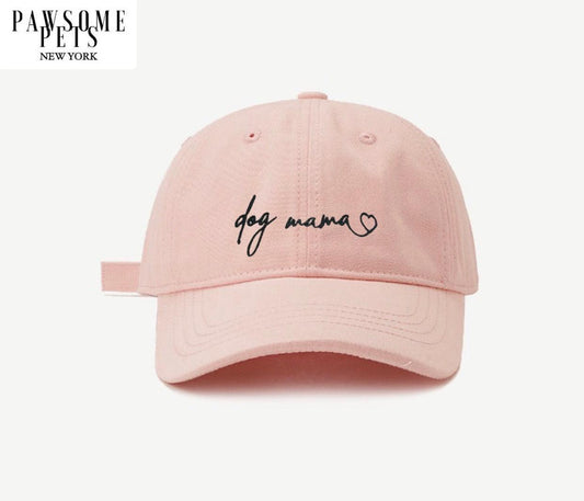Pink cap with 'dog mama' text on a white background