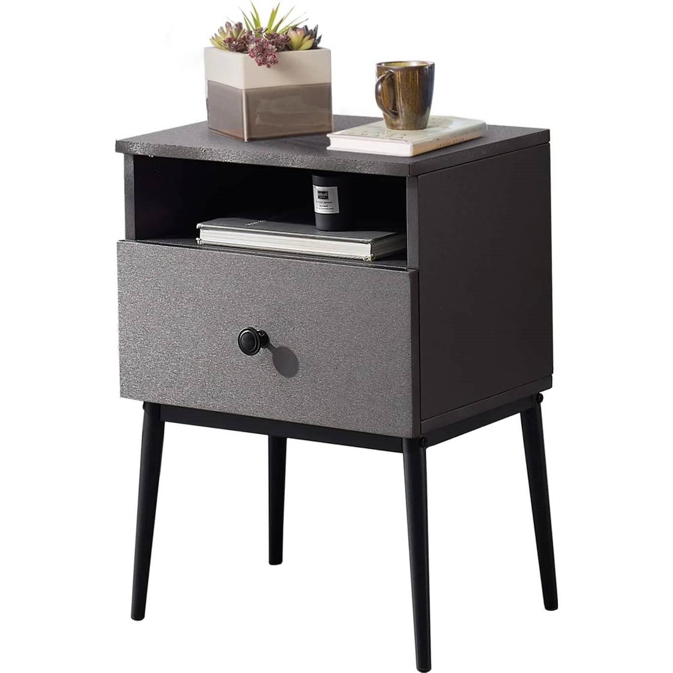 Mid Century Modern End Table Nightstand in Grey Black Wood Finish-0