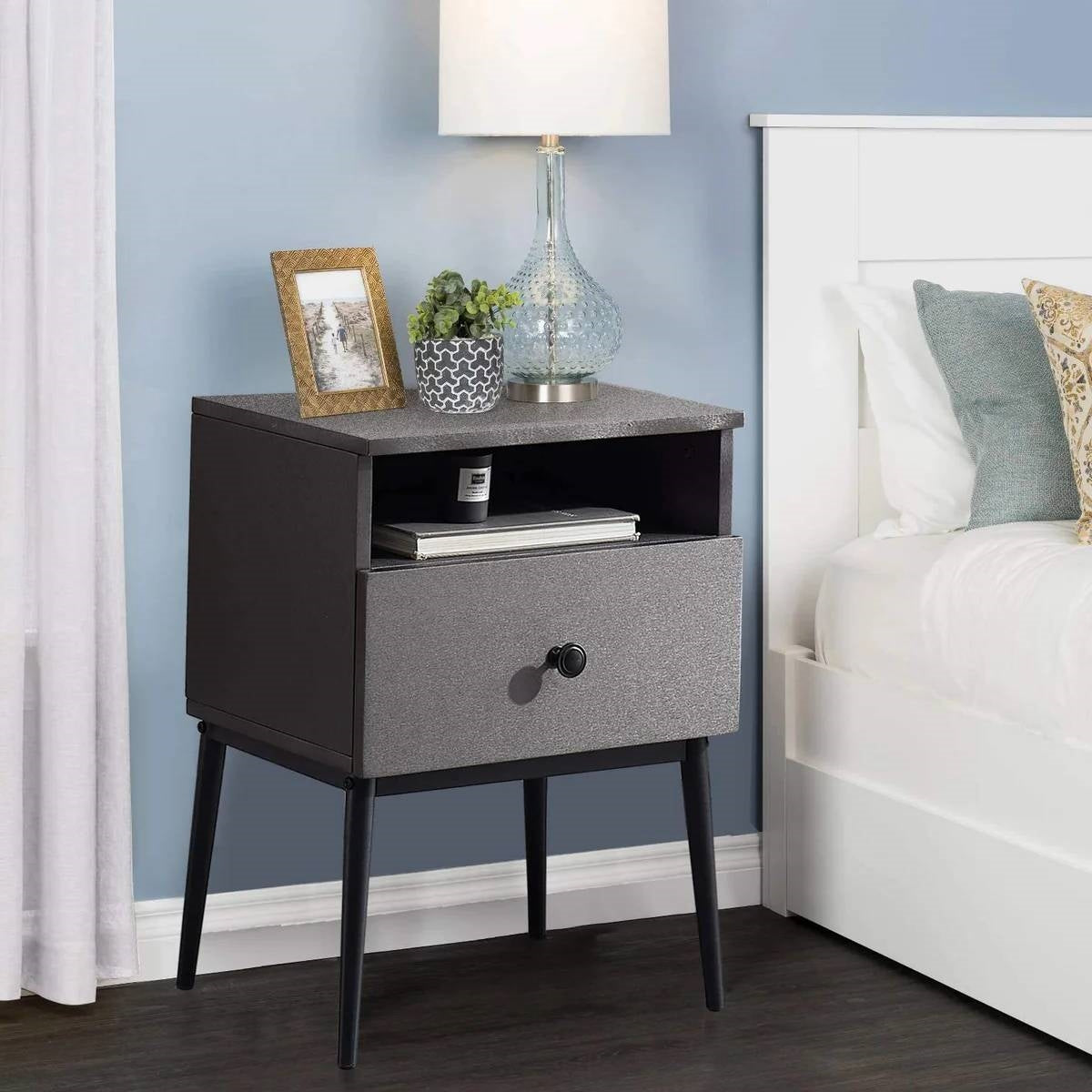 Mid Century Modern End Table Nightstand in Grey Black Wood Finish-1
