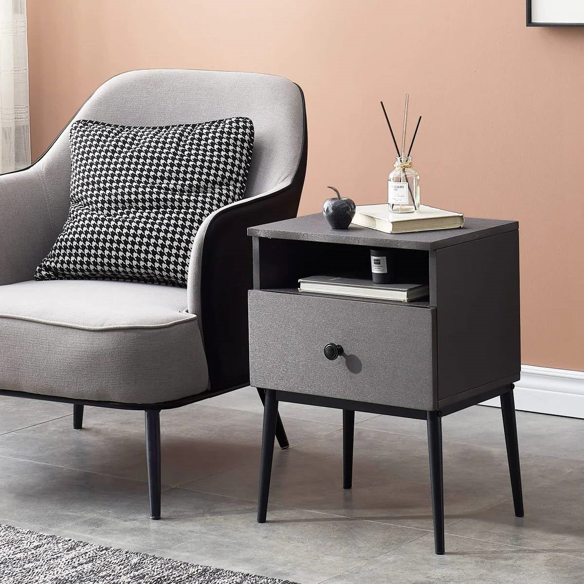 Mid Century Modern End Table Nightstand in Grey Black Wood Finish-2