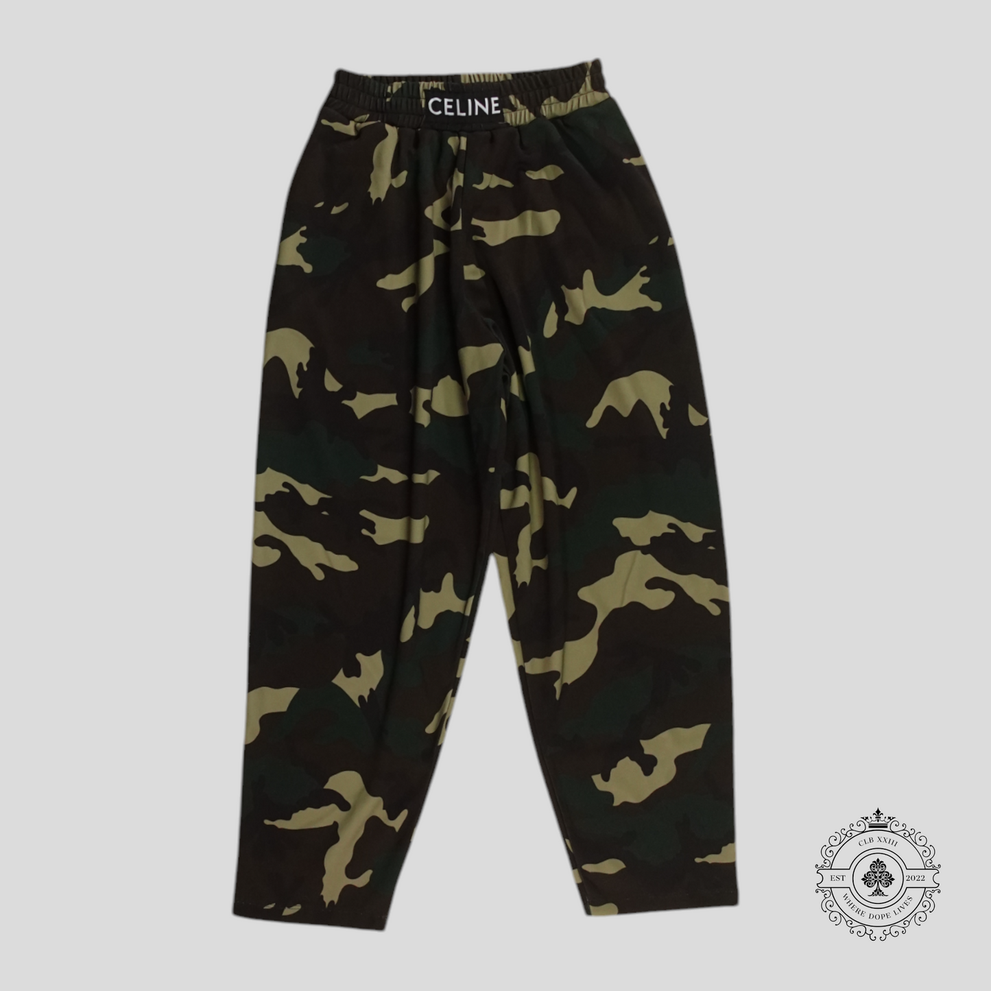 Celine Waistband Logo Sweatpants in Camo