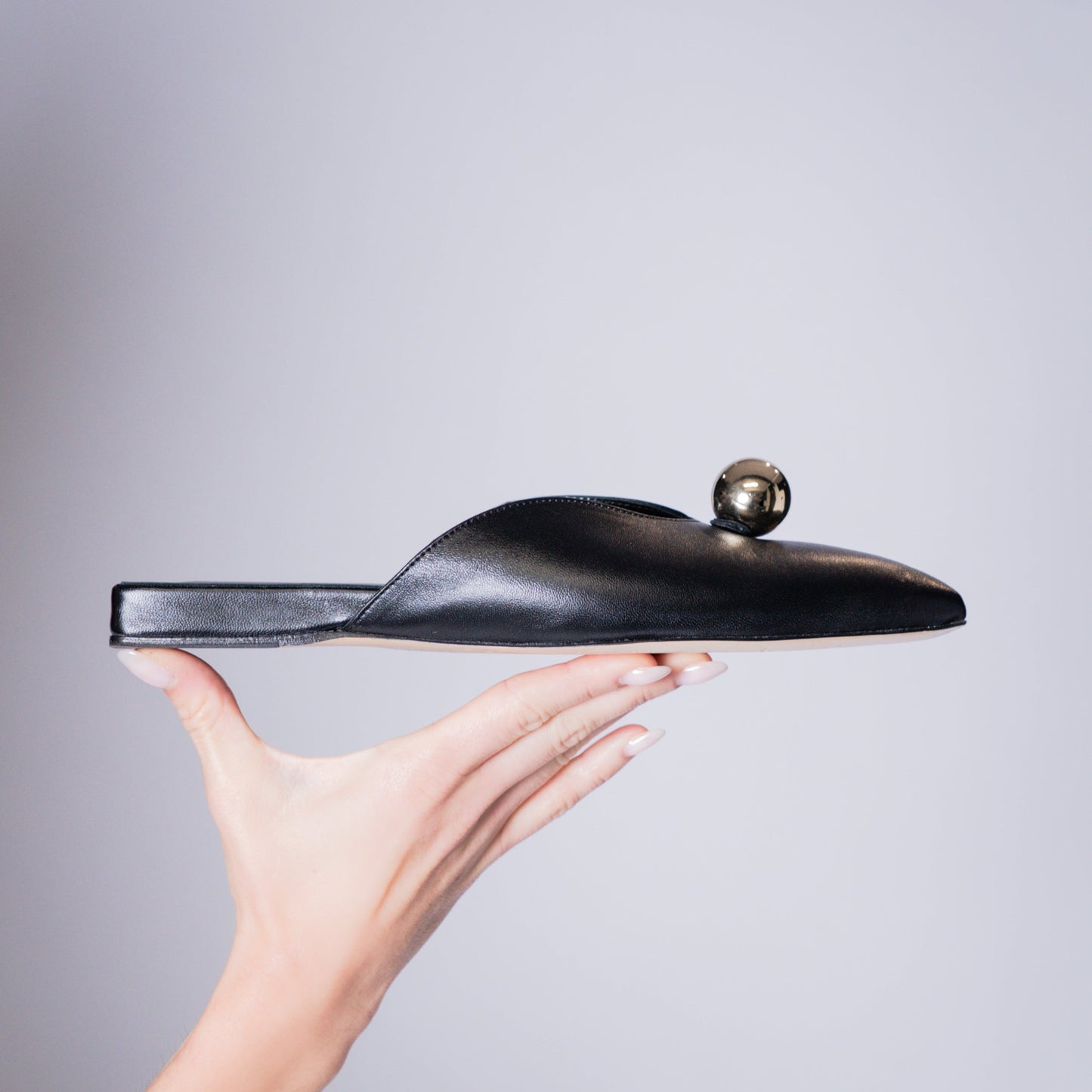 AURORA SLIDE – Black Nappa Slipper with Sculptural Sphere Detail
