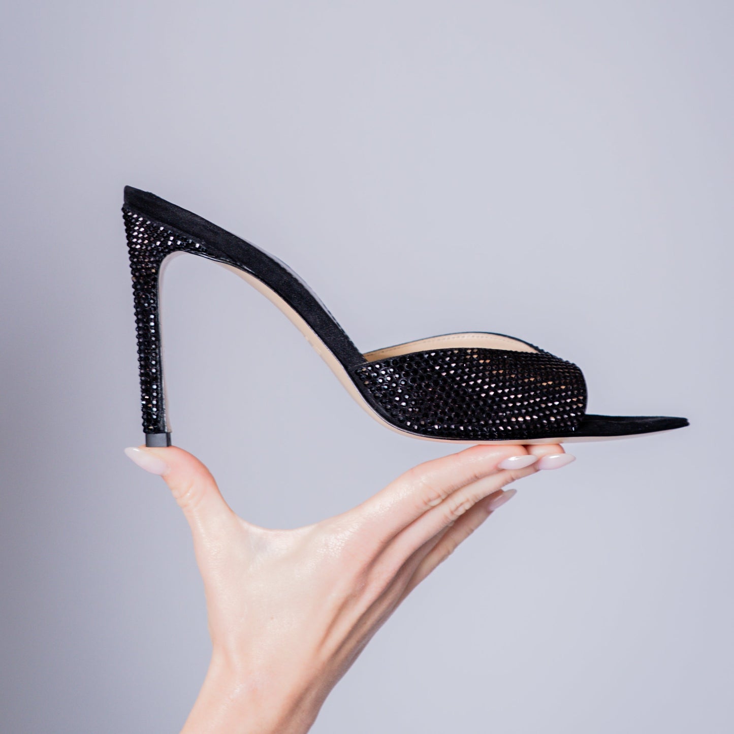 NOIR ALLURE MULE – Black Suede Mule with Italian Rhinestones