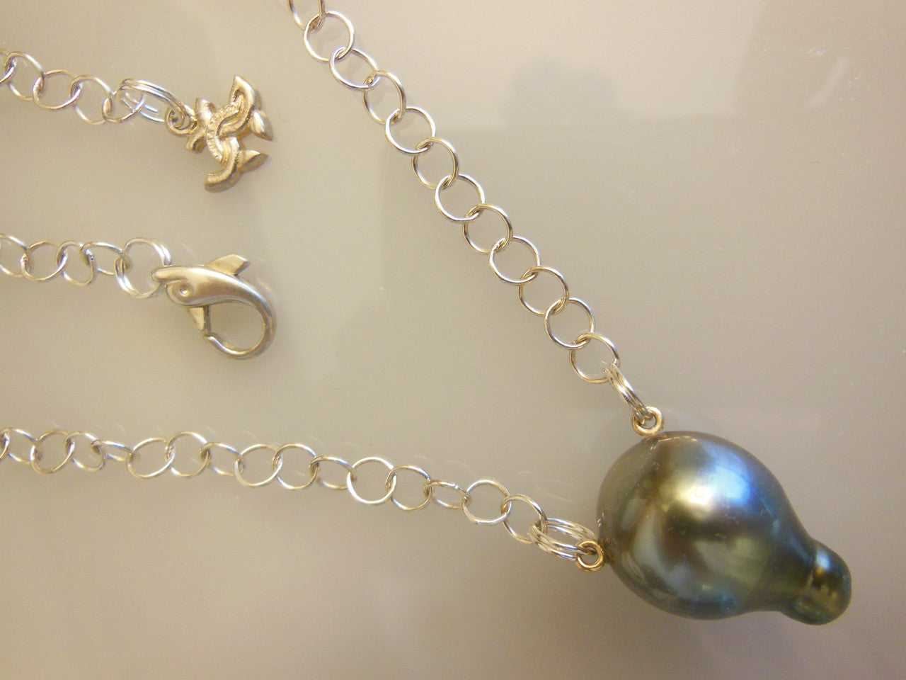 Tahitian Pearl necklace- Side drilled, double mounted baroque on silver chain.-0