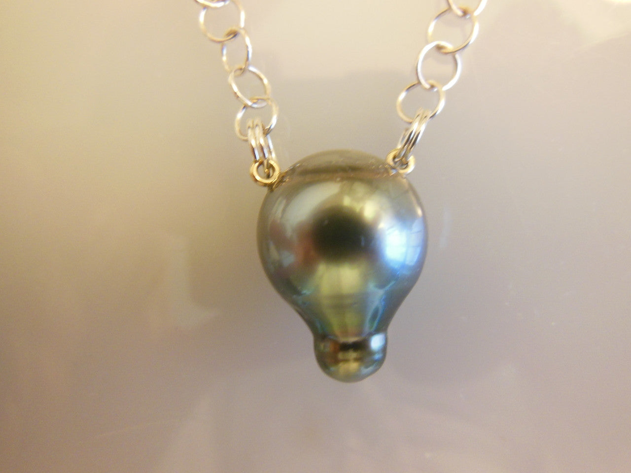 Tahitian Pearl necklace- Side drilled, double mounted baroque on silver chain.-1