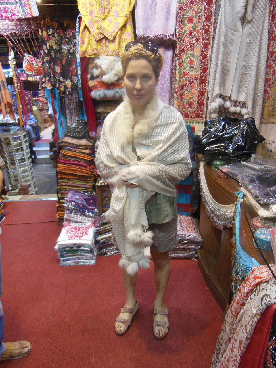 Pashmina from Oman. Furry Collar and Pom Pom Trim-Creamy Taupe-4