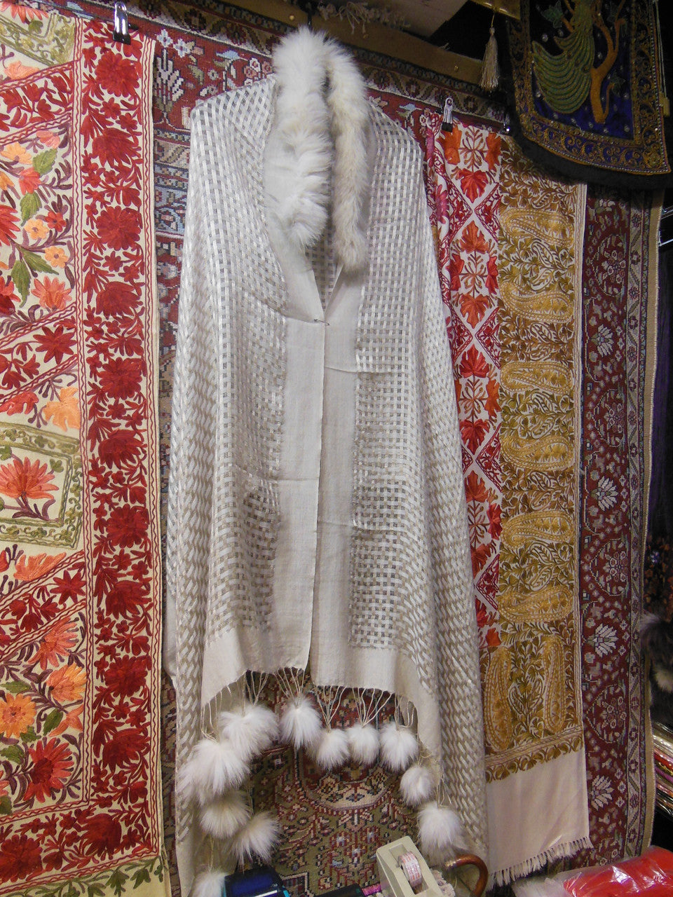 Pashmina from Oman. Furry Collar and Pom Pom Trim-Creamy Taupe-0