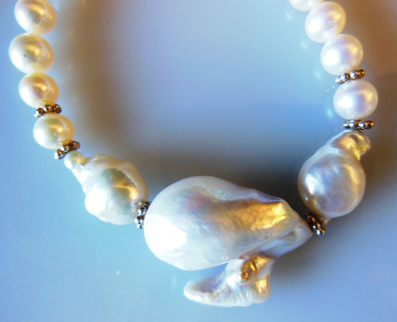 White on white on white.  Jumbo baroque on baroque on round Chinese Freshwater Pearls-0