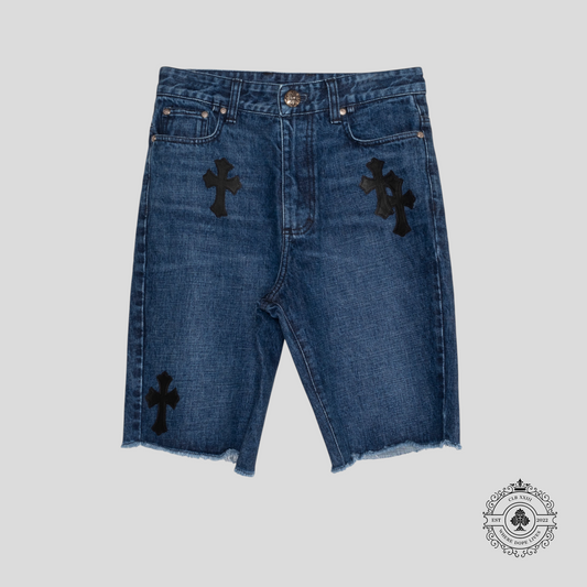 Chrome Hearts Leather Cross Patch Jean Shorts in Dark Wash