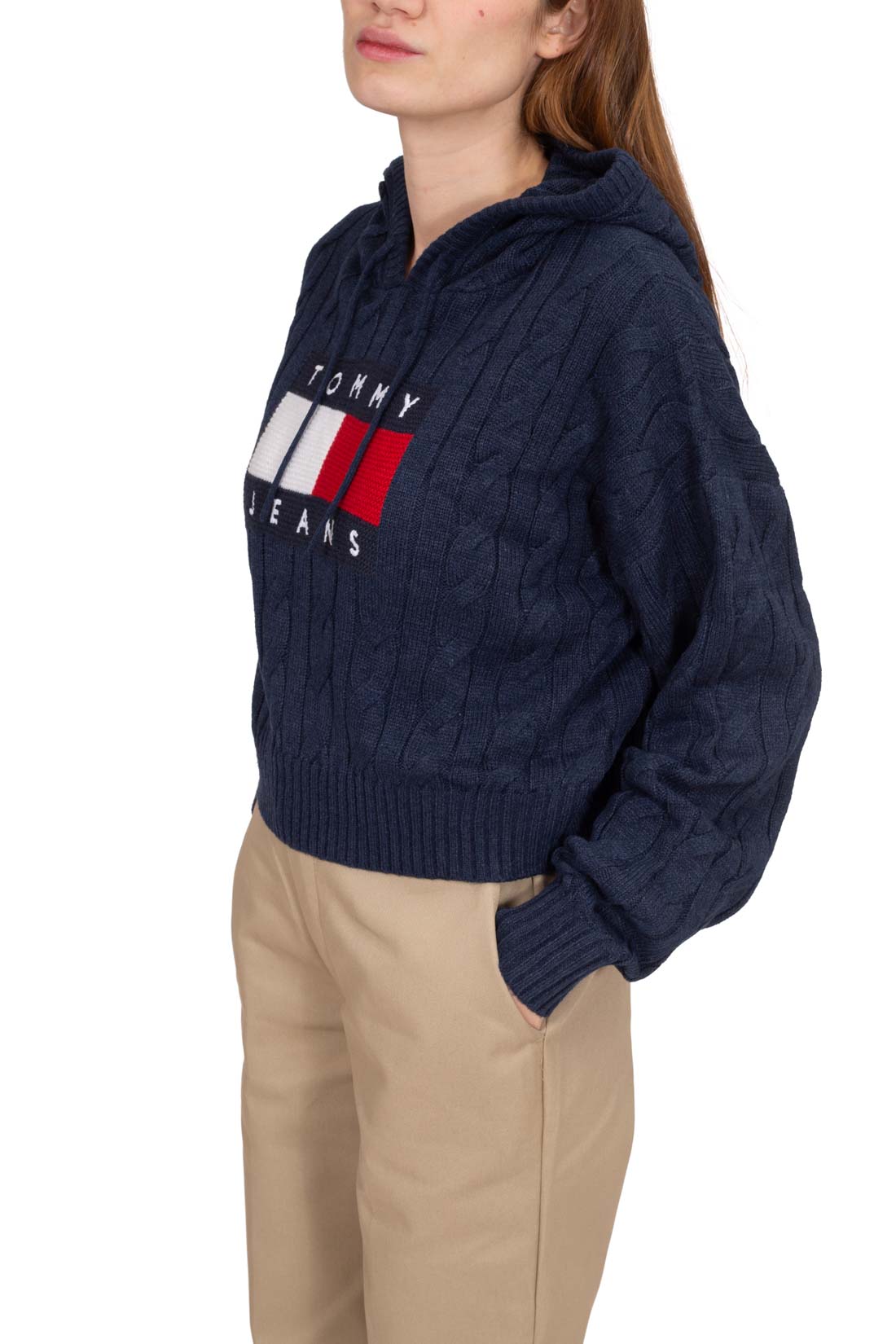 TOMMY JEANS - Women's regular crop cable sweatshirt with hood  - Size M-3