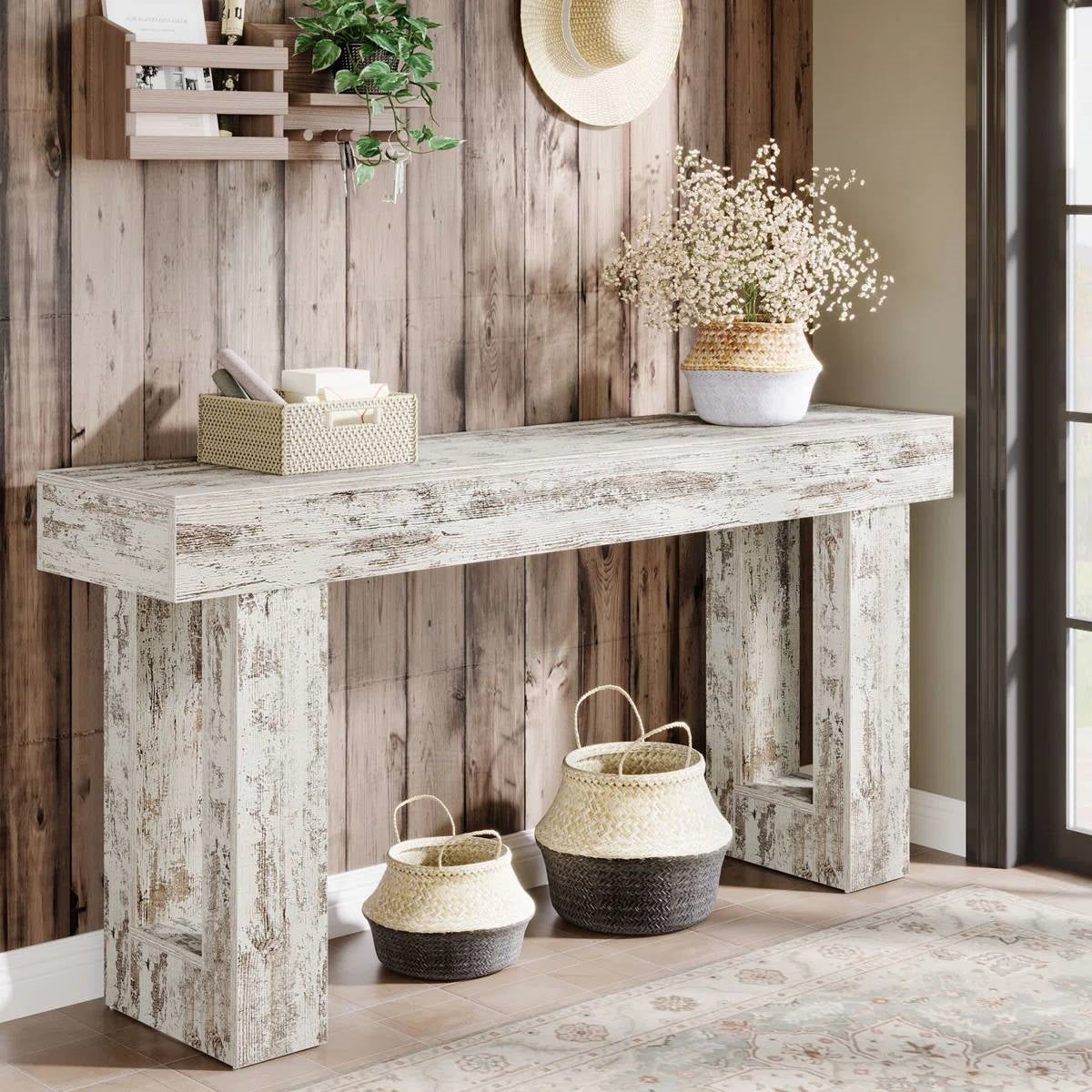 Modern Farmhouse 63-inch Console Sofa Table in Rustic White Wood Finish-2