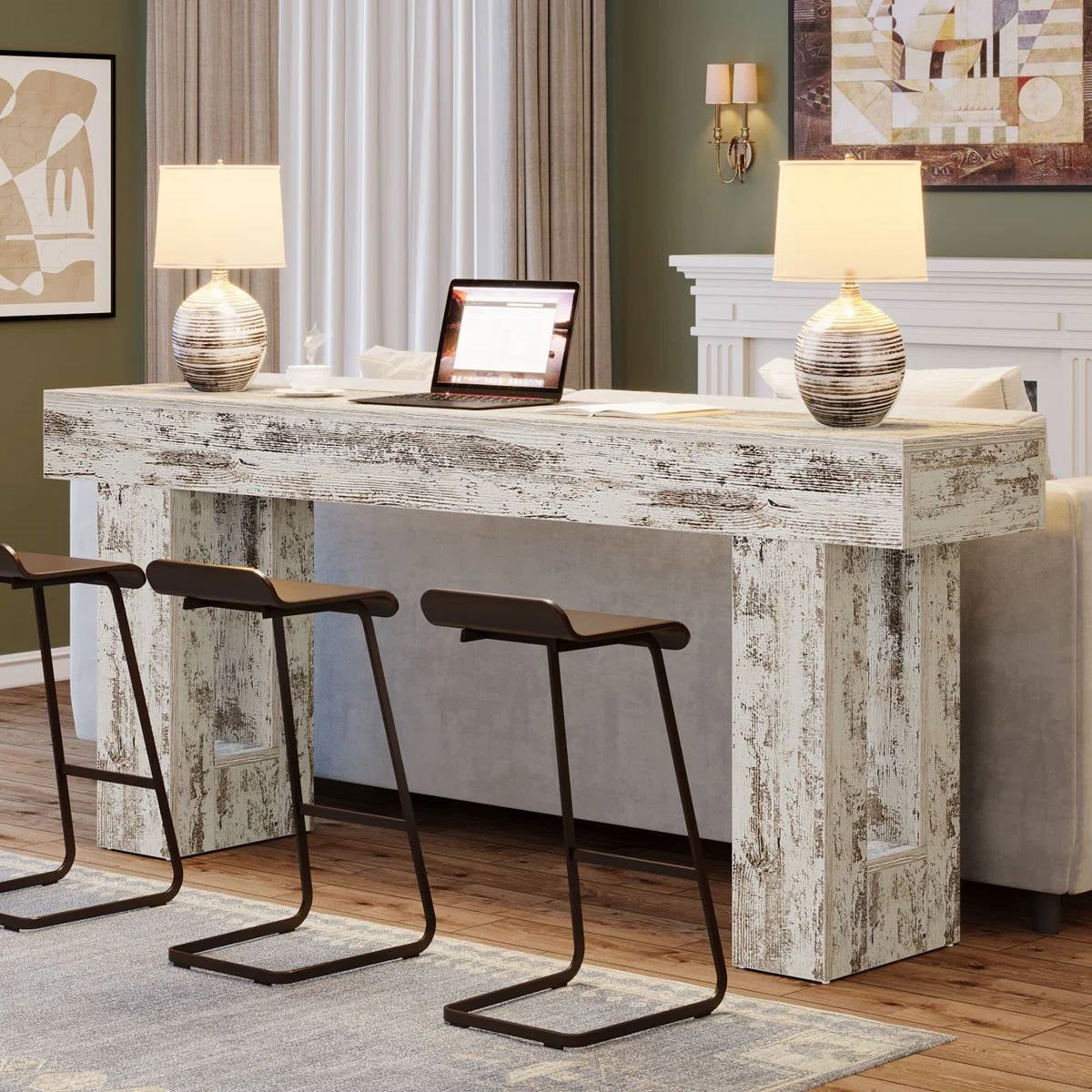 Modern Farmhouse 63-inch Console Sofa Table in Rustic White Wood Finish-3