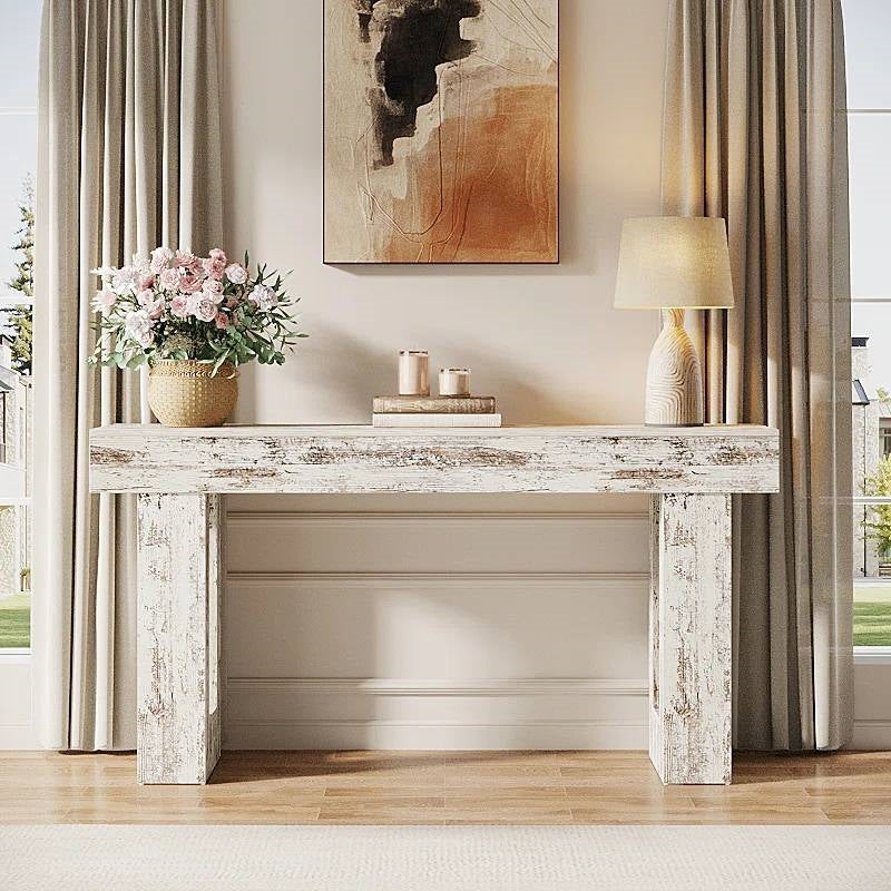 Modern Farmhouse 63-inch Console Sofa Table in Rustic White Wood Finish-4