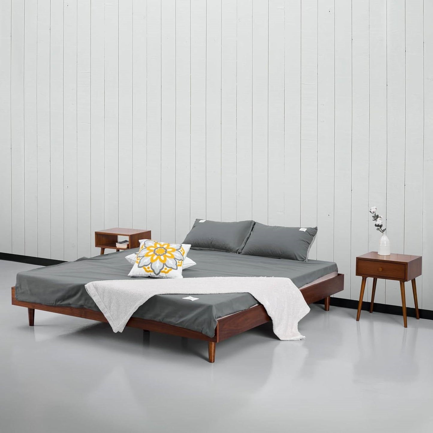 King size Mid-Century Modern Platform Bed Frame in Dark Brown Wood Finish-1