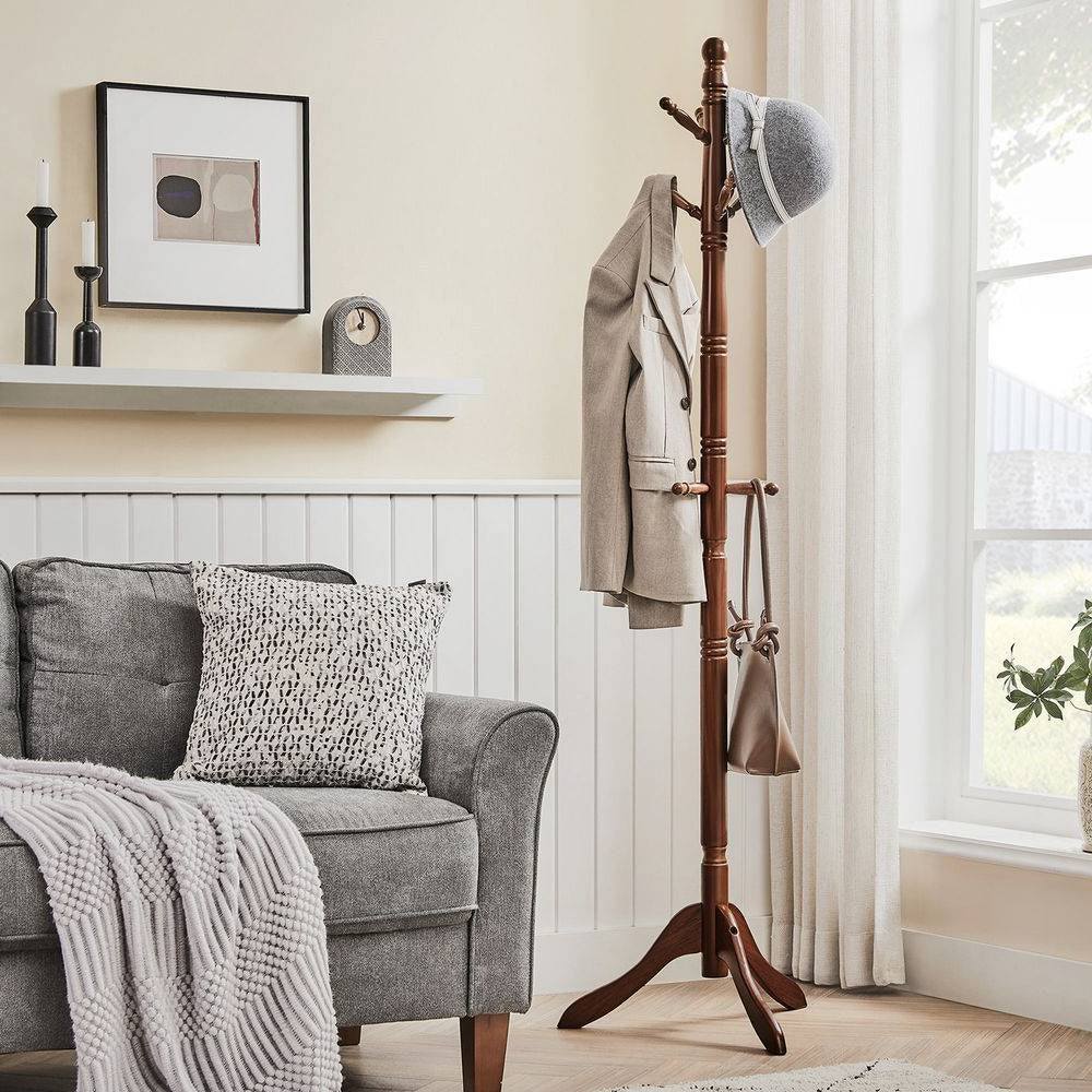 Adjustable Height Solid Wood Coat Rack with 10 Hooks in Dark Brown Finish-0