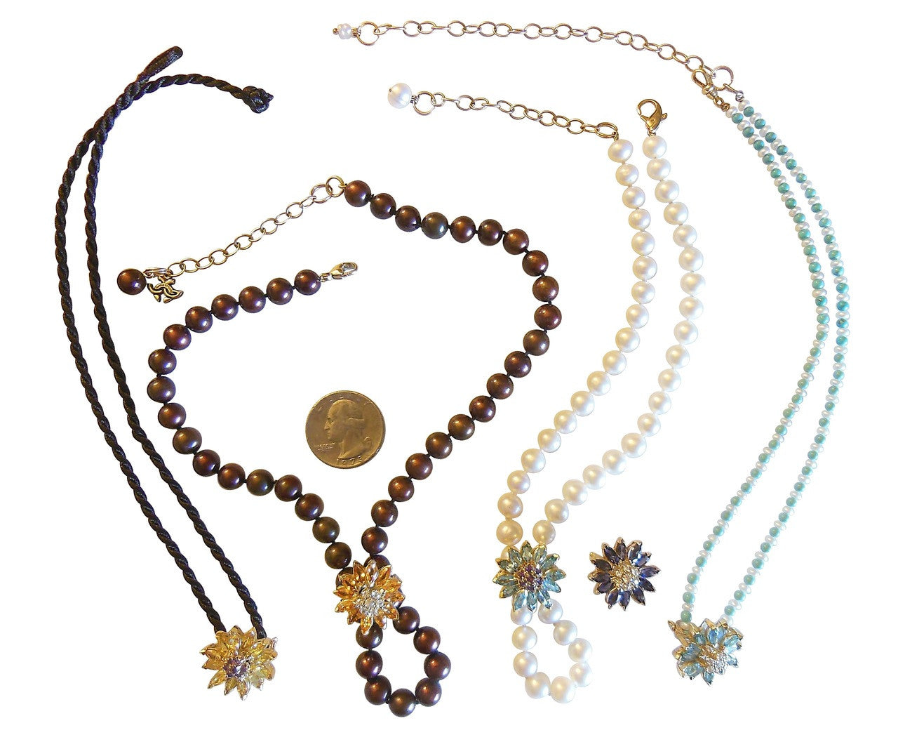 Gemstone Daisy Necklace-Clip Enhancer for Pearls or Cords. Sterling Silver & Semi Precious Stones.-15
