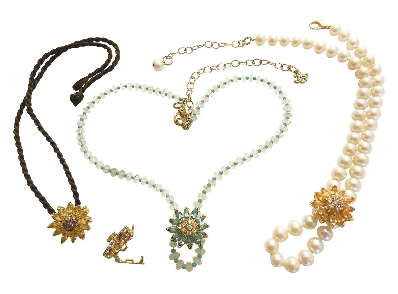 Gemstone Daisy Necklace-Clip Enhancer for Pearls or Cords. Sterling Silver & Semi Precious Stones.-13