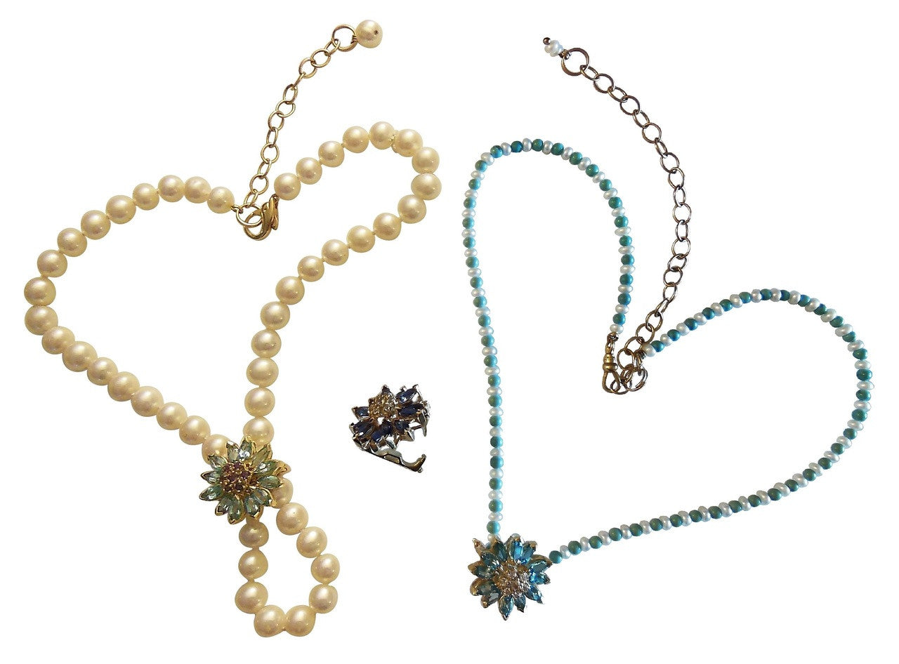 Gemstone Daisy Necklace-Clip Enhancer for Pearls or Cords. Sterling Silver & Semi Precious Stones.-11