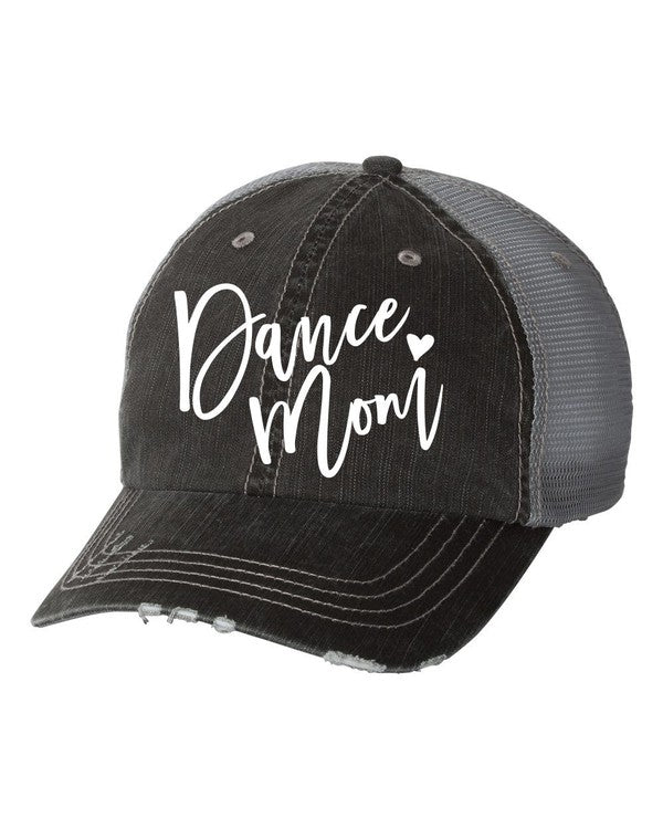Black distressed trucker hat with white "Dance Mom" embroidered lettering, gray mesh back, curved brim, and adjustable snapback closure for dance competitions, recitals, and everyday wear. Dance Mom Embroidered Trucker Hat for Women - Adjustable Mesh Baseball Cap for Dance Competitions, Recitals & Everyday Wear