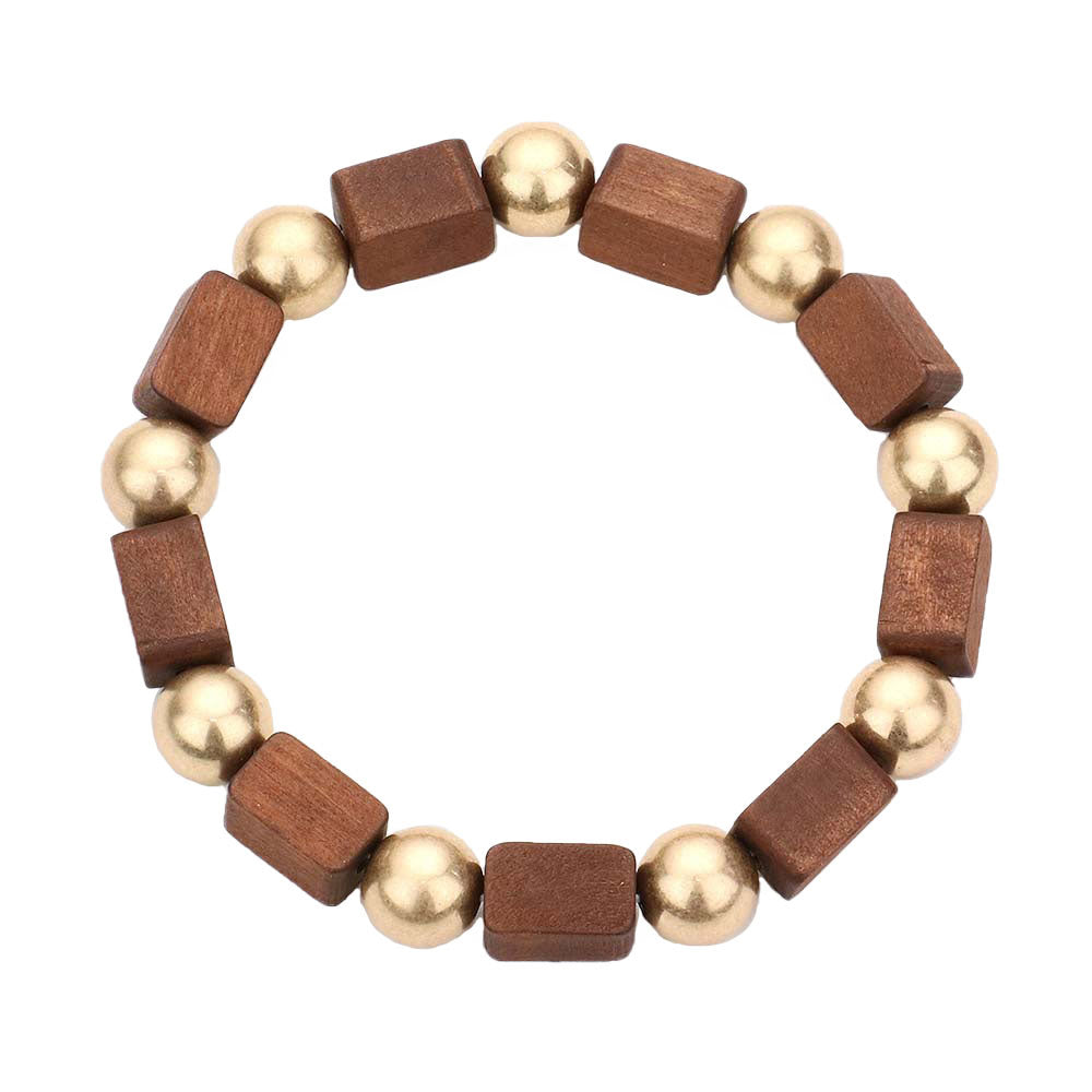 Cube Wood Metal Ball Stretch Bracelet