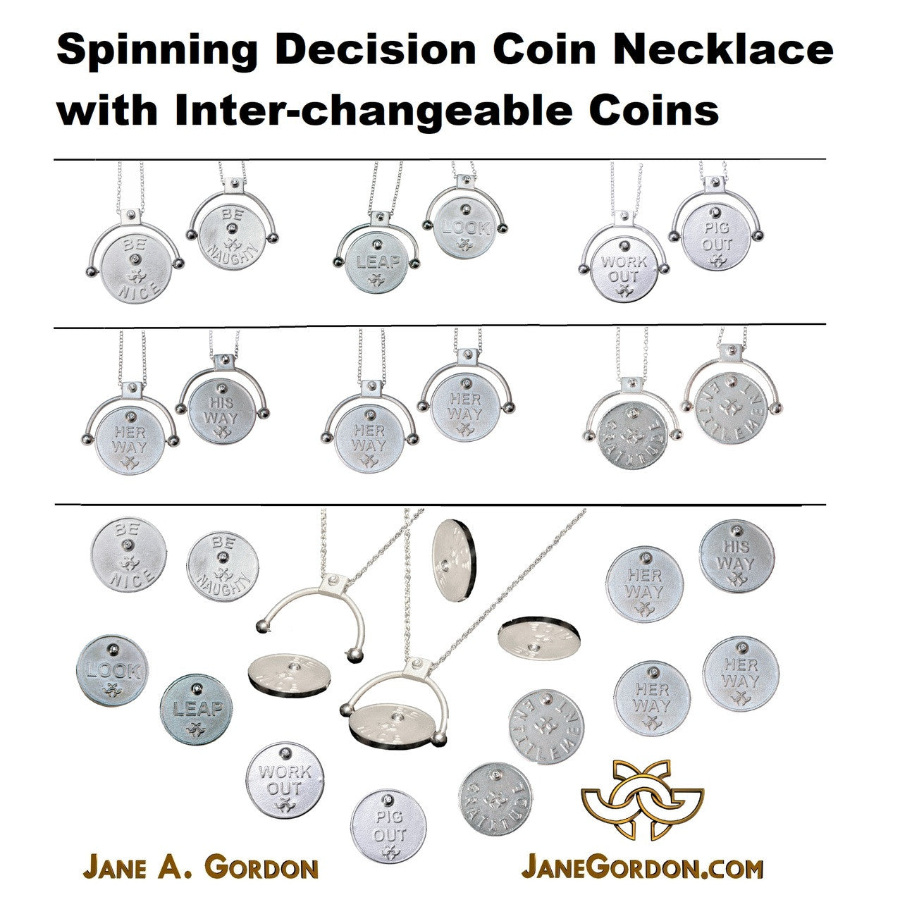 Decision Coin Necklace: "Work Out/ Pig Out" Sterling Silver & Diamonds-14